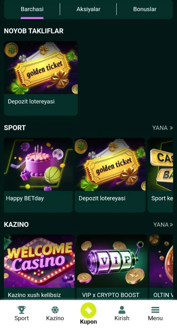 Kazino aksiyalari ekrani: toʻrt depozitli xush kelibsiz paketi