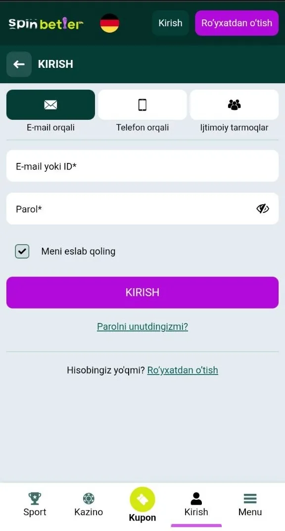 Kazino shaxsiy kabinetiga kirish formasi