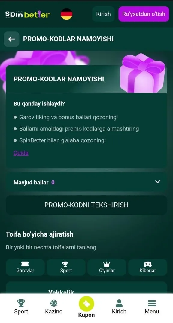 Roʻyxatdan oʻtish formasidagi promo kod maydoni