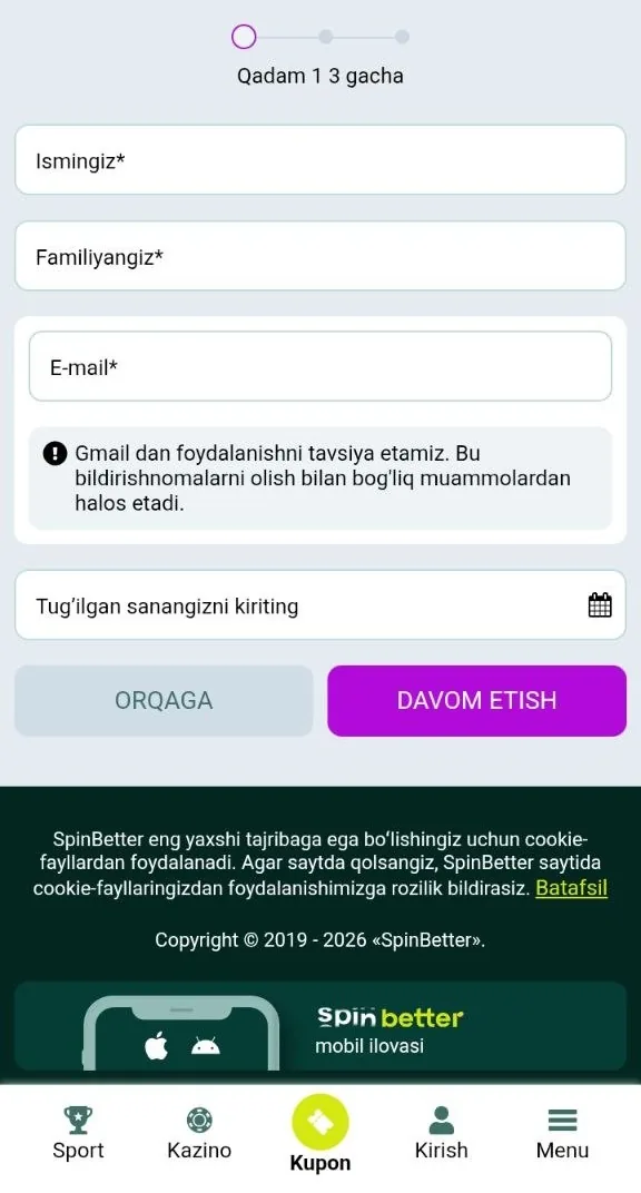 Valyuta tanlovi va promo kodi bilan hisob ochish formasi