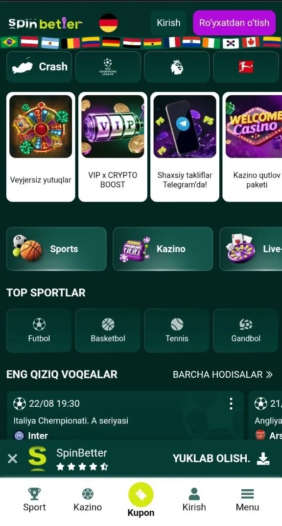 Kazino bosh ekrani: sport, slotlar va jonli oʻyinlar boʻlimlari